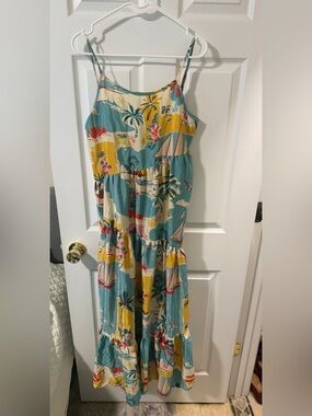 Tropical Print Tiered Maxi Dress - Teal, Yellow, Cream- swimsuit coverup